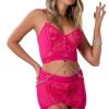 G World Intimates Lingerie Three Piece Lipstick Defining Bustier & Garter Skirt With Pearled Chain