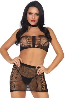 Leg Avenue Bodystocking Lingerie Two Piece Black Fishnet Choker Harness Bandeau Top And Mini Skirt