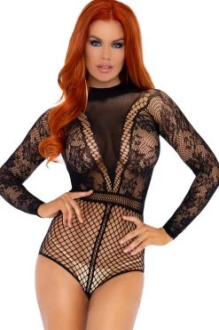 Leg Avenue Bodystocking Lingerie Black High Neck Floral Lace Fishnet Bodysuit With Snap Crotch