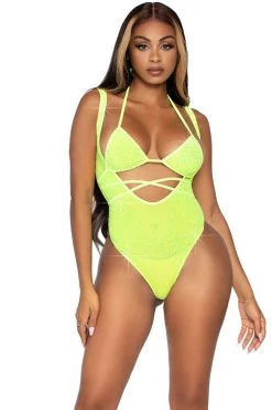 Leg Avenue Lingerie Two Piece Neon Yellow Rhinestone Wrap Around Top & Bodysuit