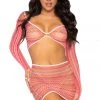 Leg Avenue Two Piece Pink Zig Zag Net Sleeve Crop Top And Mini Skirt