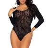 Leg Avenue Lingerie Black Mosaic Sheer Opaque Snap Crotch Bodysuit
