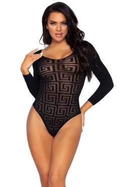 Leg Avenue Lingerie Black Mosaic Sheer Opaque Snap Crotch Bodysuit