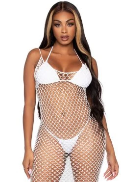 Leg Avenue White Woven Twist Net Backless Maxi Dress