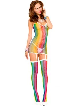 Music Legs Rainbow Fishnet Garter Dress With Stockings Bodystocking Lingerie