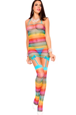Music Legs Rainbow Diamond Net Garter Dress With Stockings Bodystocking Lingerie