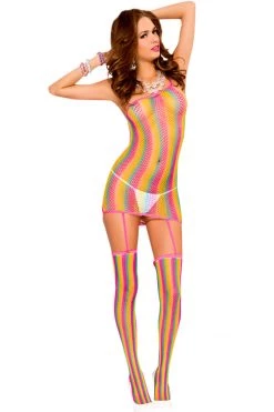 Music Legs Bodystocking Lingerie One Shoulder Rainbow Fishnet Garter Dress With Stockings