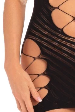 Rene Rofe Black Vertical Hold Open Mini Dress Bodystocking Lingerie