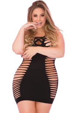 Rene Rofe Bodystocking Lingerie Black Raw Cut Open Slit Dress