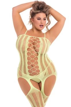 Rene Rofe Neon Yellow Crotchless Suspender Bodystocking
