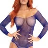 Leg Avenue Bodystocking Lingerie Blue Rhinestone Long Sleeve Fishnet Bodysuit With Snap Crotch
