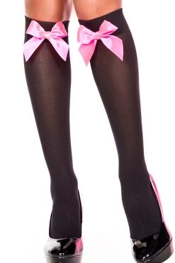 Music Legs Hosiery Black Knee High Stockings W/ Hot Pink Bow