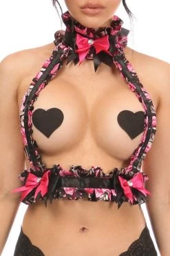 Daisy Corsets Lingerie Kitten Collection Pink Floral Satin Double Strap Body Harness*
