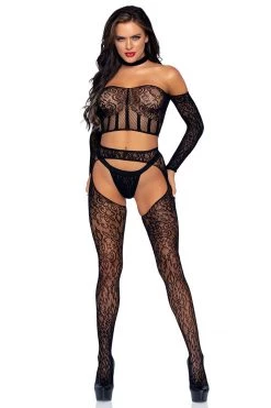 Leg Avenue Bodystocking Lingerie 3 Piece Black Lace Long Sleeve Choker Crop Top, Lace Suspender Hose, And G-string