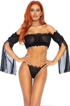 Leg Avenue Two Piece Mesh Bandeau With Split Flare Sleeves And G-string