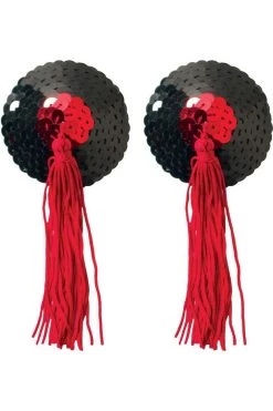 XGEN Black & Red Sequin With Black Tassel Nipple Pasties