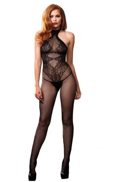 Leg Avenue Black Fishnet Halter Bodystocking W/Floral Lace Hourglass Detail 9 Leg Avenue Black Fishnet Halter Bodystocking W/Floral Lace Hourglass Detail