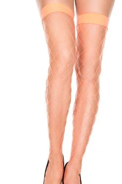 Music Legs Fishnet Neon Orange Diamond Net Stockings With Wide Bands