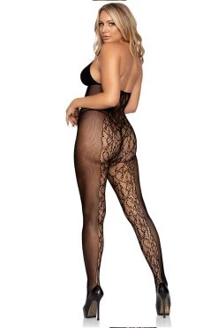 Leg Avenue Black Lace And Opaque Bodystocking With Keyhole Halter Top