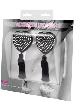 XGEN Lingerie Black Satin Heart/White Stones & Tassel Nipple Pasties