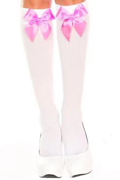 Music Legs White Knee High Stockings W/ Hot Pink Bow 6 Music Legs White Knee High Stockings W/ Hot Pink Bow