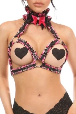 Daisy Corsets Lingerie Kitten Collection Pink Floral Satin Triangle Top Body Harness*