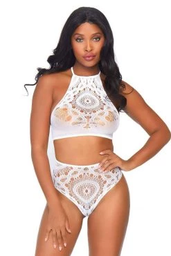 Leg Avenue Two Piece White Boho Crochet Lace Halter Top And Thong Set Bodystocking Lingerie