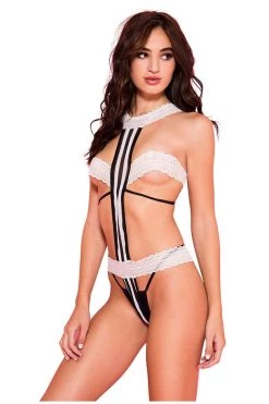 Music Legs White And Black Striped Teddy With Lace Waist And Cups Lingerie