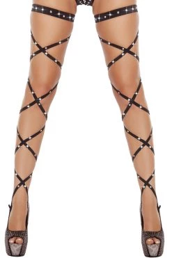 Roma Black Rhinestone Leg Wraps With Garters Rhinestone Lingerie