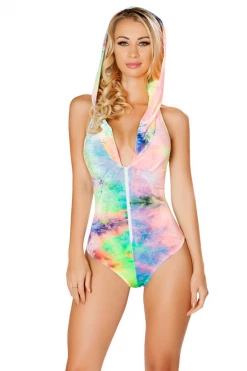 Roma Bodysuit Lingerie Tie Dye Velvet Hooded Romper