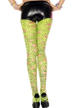Music Legs Neon Green Cutout Leopard Print Footless Tights