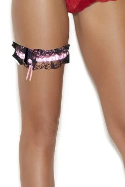 Elegant Moments Pink Satin Black Lace Leg Garter Dancewear
