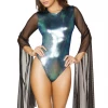 Roma Iridescent Blue Bodysuit With Black Flared Sleeves
