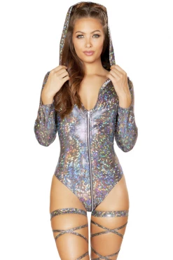 Roma Silver Hooded Zipper Bodysuit Bodysuit Lingerie