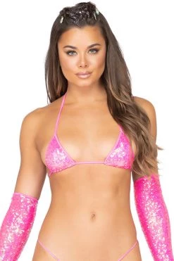 Roma 1pc Sequin Triangle Top - Hot Pink Dancewear