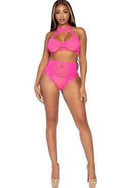 Leg Avenue Two Piece Neon Pink Net Keyhole Halter Crop Top And Panty