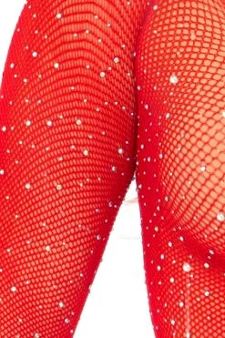 Leg Avenue Bodystocking Lingerie Red Rhinestone Long Sleeve Fishnet Bodysuit With Snap Crotch
