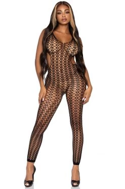 Leg Avenue Bodystocking Lingerie Black Lattice Net Cut-out Footless Tank Bodystocking