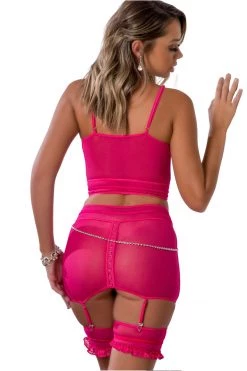 G World Intimates Lingerie Three Piece Lipstick Defining Bustier & Garter Skirt With Pearled Chain