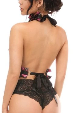 Daisy Corsets Lingerie Kitten Collection Pink Floral Satin Double Strap Body Harness*