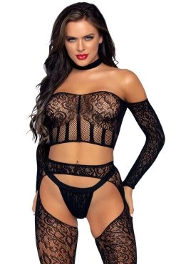 Leg Avenue Bodystocking Lingerie 3 Piece Black Lace Long Sleeve Choker Crop Top, Lace Suspender Hose, And G-string