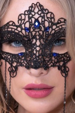 Seven Til Midnight Black Lace Eye Mask With Blue Rhinestones Lingerie