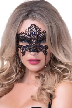 Seven Til Midnight Black Lace Eye Mask With Blue Rhinestones Lingerie