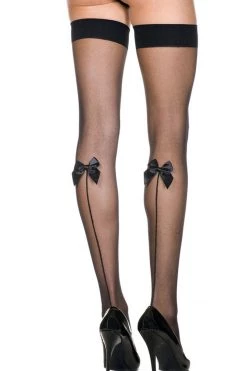 Music Legs Hosiery Sheer Black Thigh High Stockings With Satin Bow