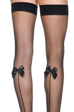 Music Legs Hosiery Sheer Black Thigh High Stockings With Satin Bow