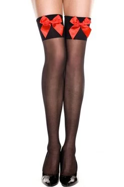 Music Legs Hosiery Sheer Black Thigh Hi Stockings With Red Bows