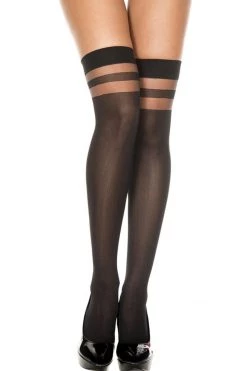 Music Legs Black Opaque Thigh High Stockings W/ Sheer Stripes