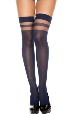 Music Legs Navy Blue Opaque Thigh High Stockings With Sheer Stripes Hosiery