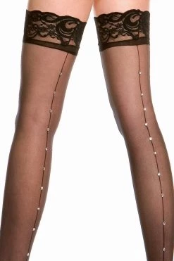 Music Legs Black Sheer Thigh High Stockings With Rhinestones