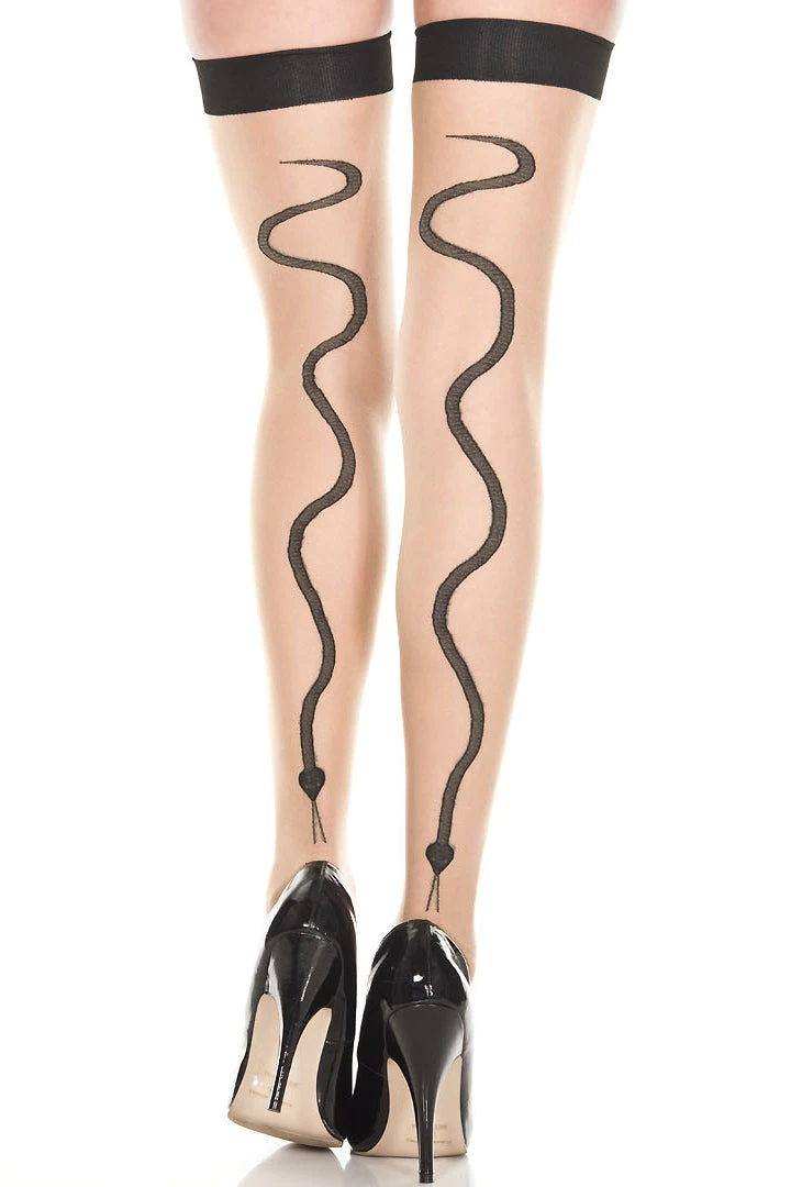 Music Legs Beige & Black Snake Print Backseam Thigh Highs Hosiery 4 Music Legs Beige & Black Snake Print Backseam Thigh Highs Hosiery